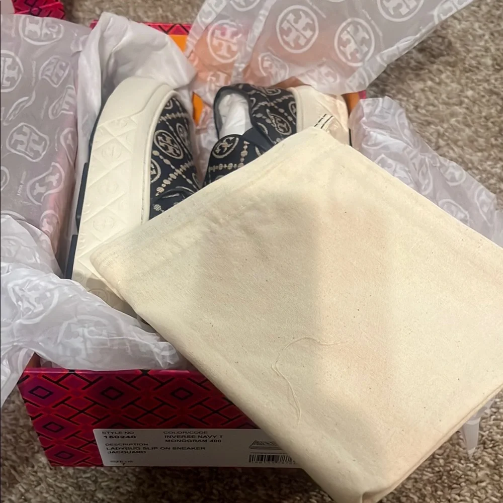 Tory Burch Navy and Cream Slip-On Sneakers - Picture 4 of 7
